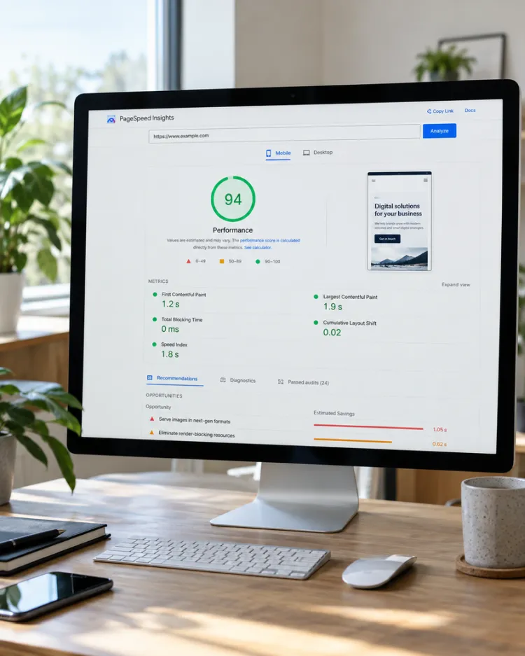 Moderní kancelář s monitorem zobrazujícím analýzu výkonu webu v nástroji Google PageSpeed, vhodná ilustrace pro službu audit a správa webu.
