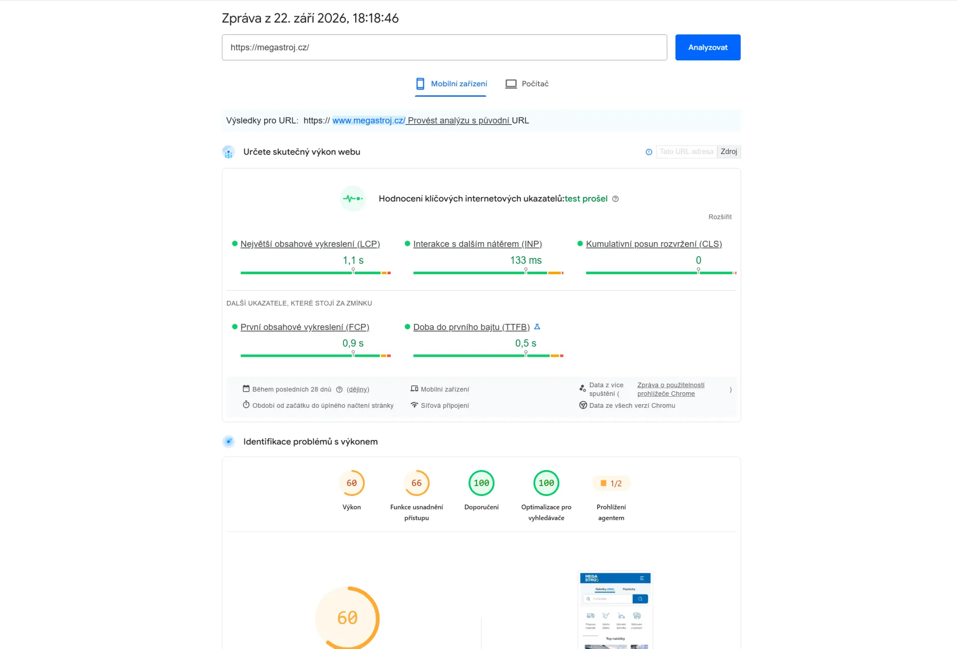 Výsledky Google PageSpeed Insights pro web Megastroj s hodnotami Core Web Vitals, například LCP 1,1 s, INP 133 ms a CLS 0.