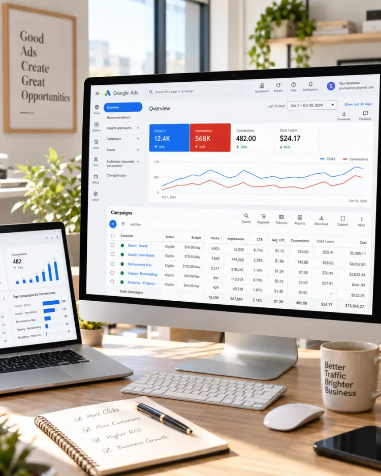 Pracovní monitor s rozhraním Google Ads, přehledem PPC kampaní, kliknutí, konverzí a výkonu online reklamy.