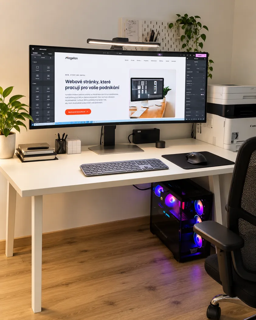Pracovní místo pro tvorbu webových stránek ve WordPressu s ultrawide monitorem a otevřeným projektem webu Magelan