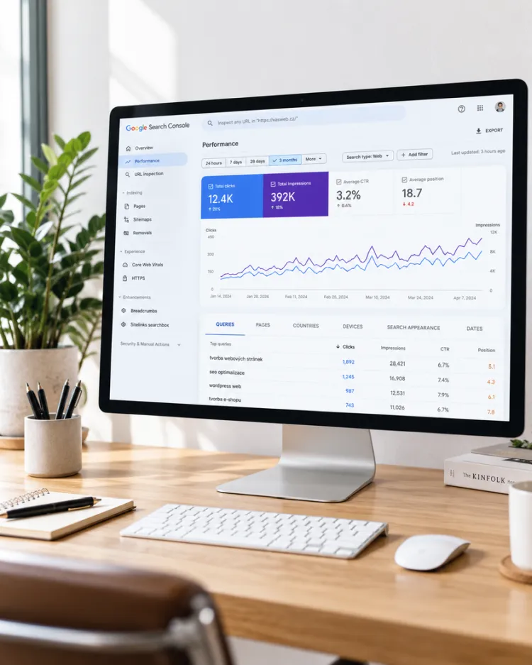 Pracovní monitor s přehledem výkonu webu v Google Search Console při SEO optimalizaci.